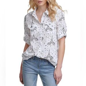 Karl Lagerfeld Paris Whimsical Roll Tab Sleeve Crepe Shirt Size Medium Euro Chic